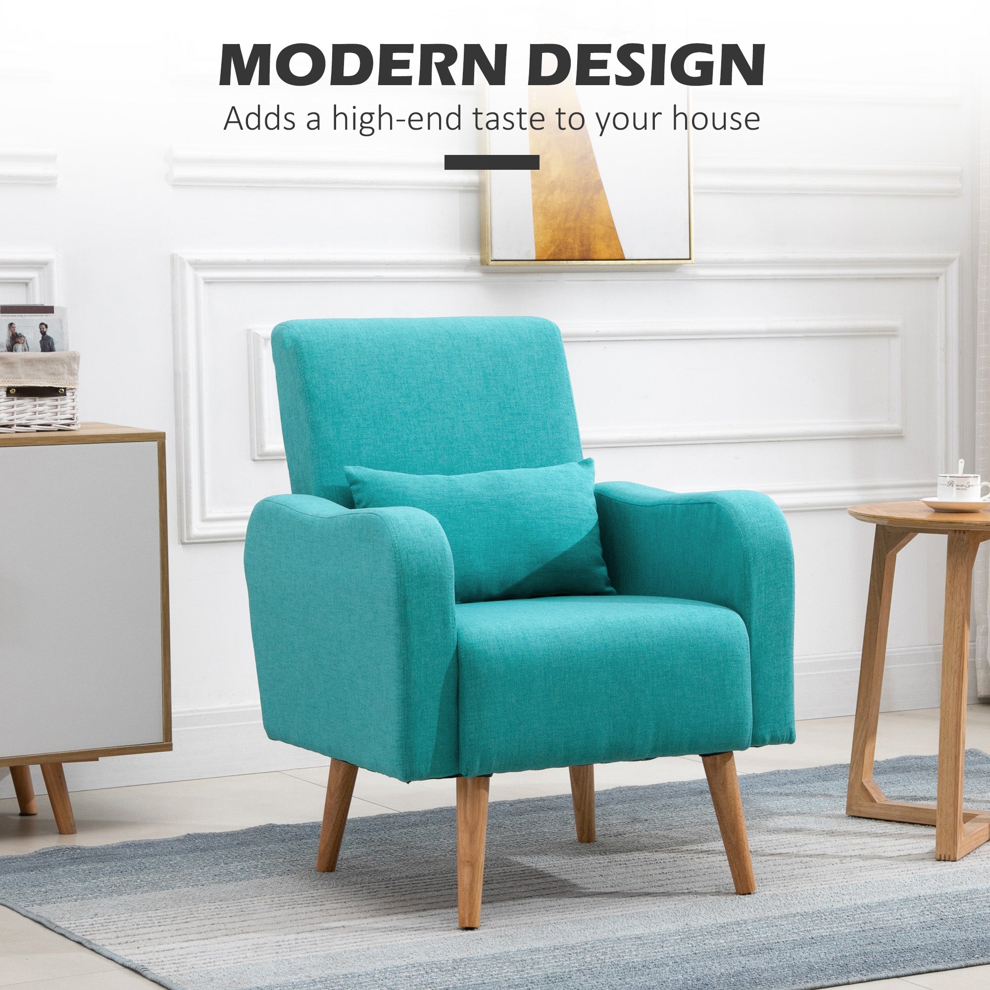 HOMCOM Accent Chair, Linen-Touch Armchair with Pillow, Upholstered Leisure Lounge Sofa for Living Room, Club Chair with Rubber Wooden Frame, Teal
